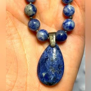 Blue Sodalite Pendant and Beaded Necklace with Nickel